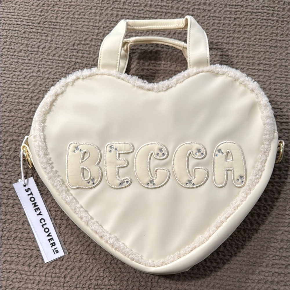 STONEY CLOVER LANE Winter White Apres Ski Sherpa Trim Heart Tote